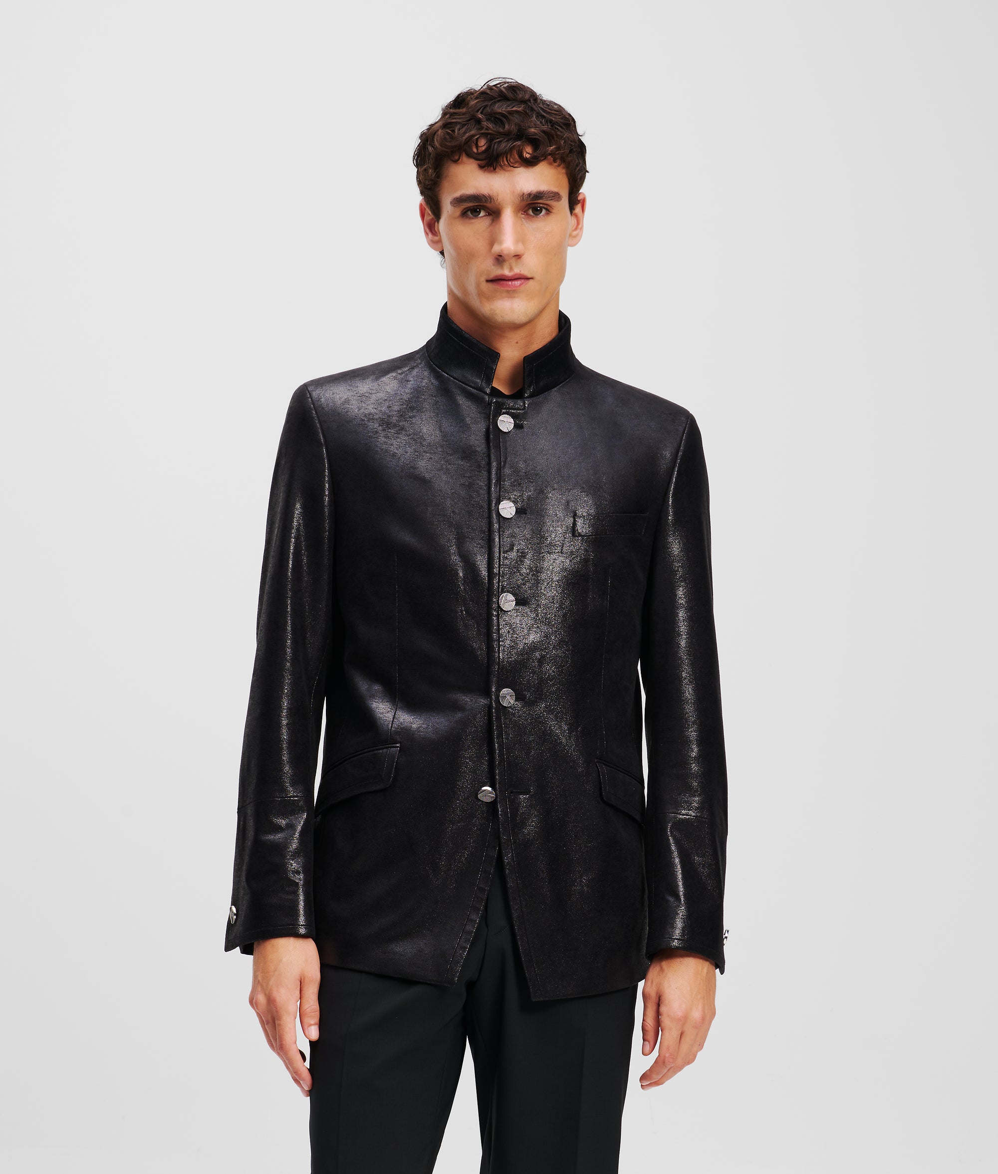 FAUX-LEATHER STAND-UP COLLAR JACKET